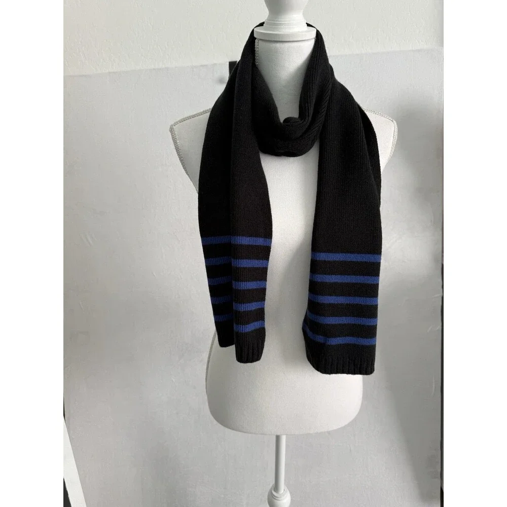 Nautica Men’s Black Blue Striped Knit Scarf Long Logo Winter